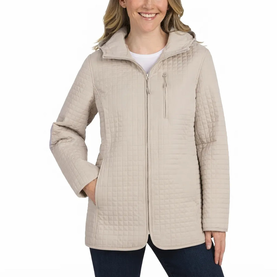 Lands' End Women's Beige Inside Pocket Adjustable Hood Quilted Jacket