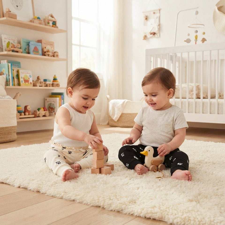 Two toddlers sitting on a fluffy cream rug in a bright nursery, playing with wooden blocks and a duck toy. One child wears white tank top and patterned cream pants, and the other wears a light gray t-shirt and black patterned pants.