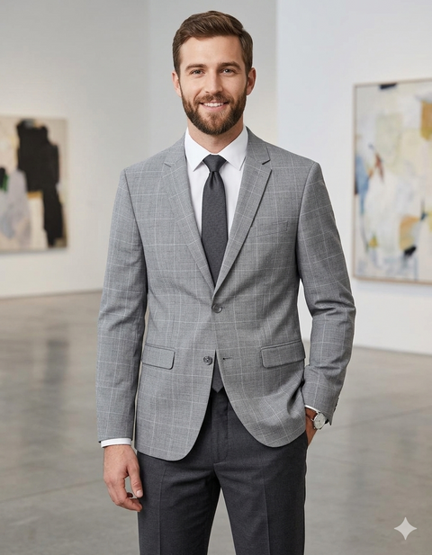 Man wearing a gray suit and tie in an art gallery setting