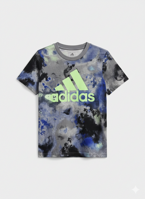 Tie-dye t-shirt with Adidas logo on a white background
