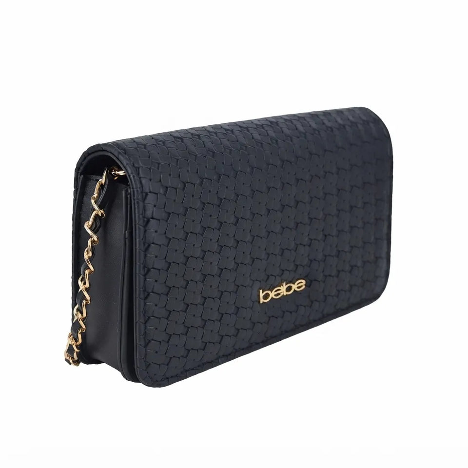 A black woven leather clutch bag with a gold-tone chain strap and a gold 'bebe' logo on the front, shown against a plain white background.