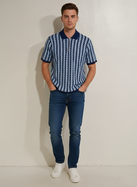 Jack & Jones Men's Blue & Navy Printed Knitted Zip Polo Neck T-Shirt |Jack & Jones In Lebanon