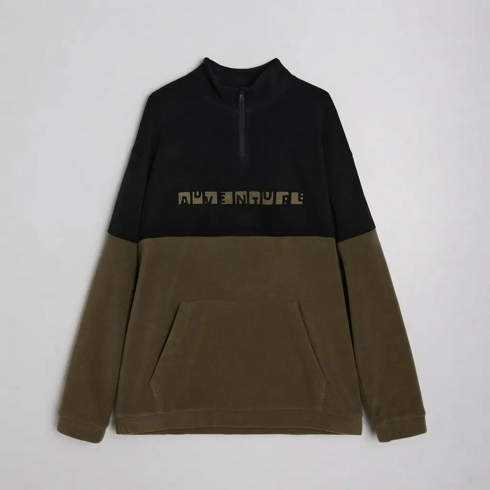A colorblock pullover sweatshirt with a black upper section, olive green lower body and sleeves, and a front zipper. The brand name 'AUTENAUF.