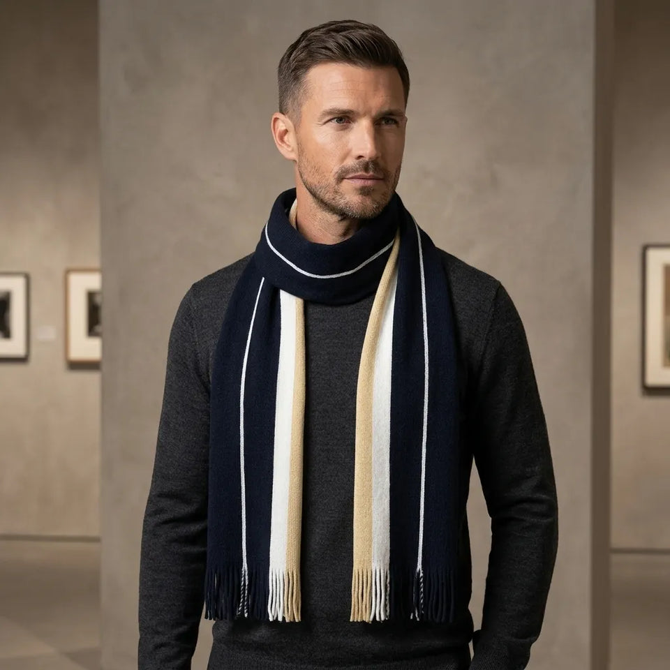 A man wearing a dark charcoal gray sweater and a thick knit scarf in navy blue, cream, and white stripes, standing in a modern indoor setting with a textured gray wall background.