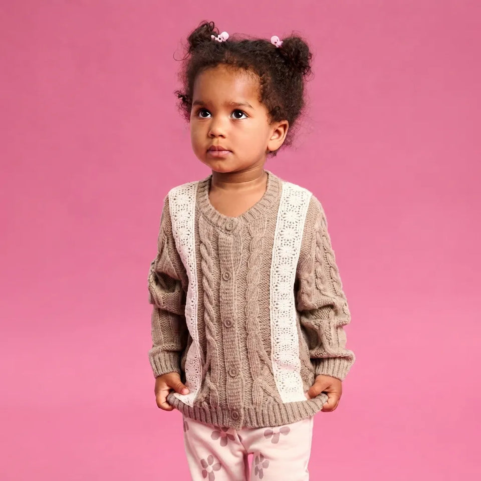 Sinsay Baby Girl's Light Brown Cable Knit Lace Trim Sweater