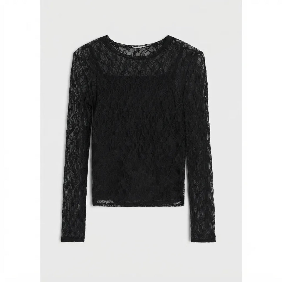 A black lace long-sleeve top with a crew neck, displayed flat against a light gray background.