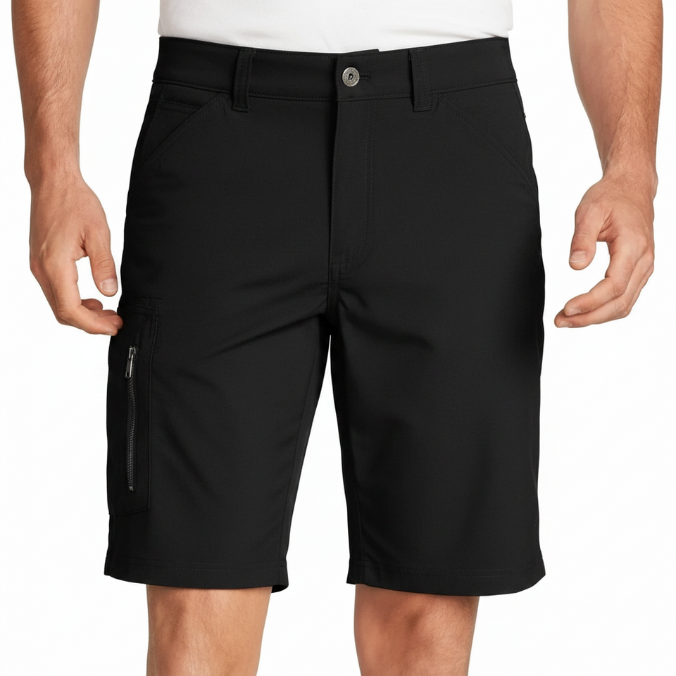 Black shorts worn by a person on a white background