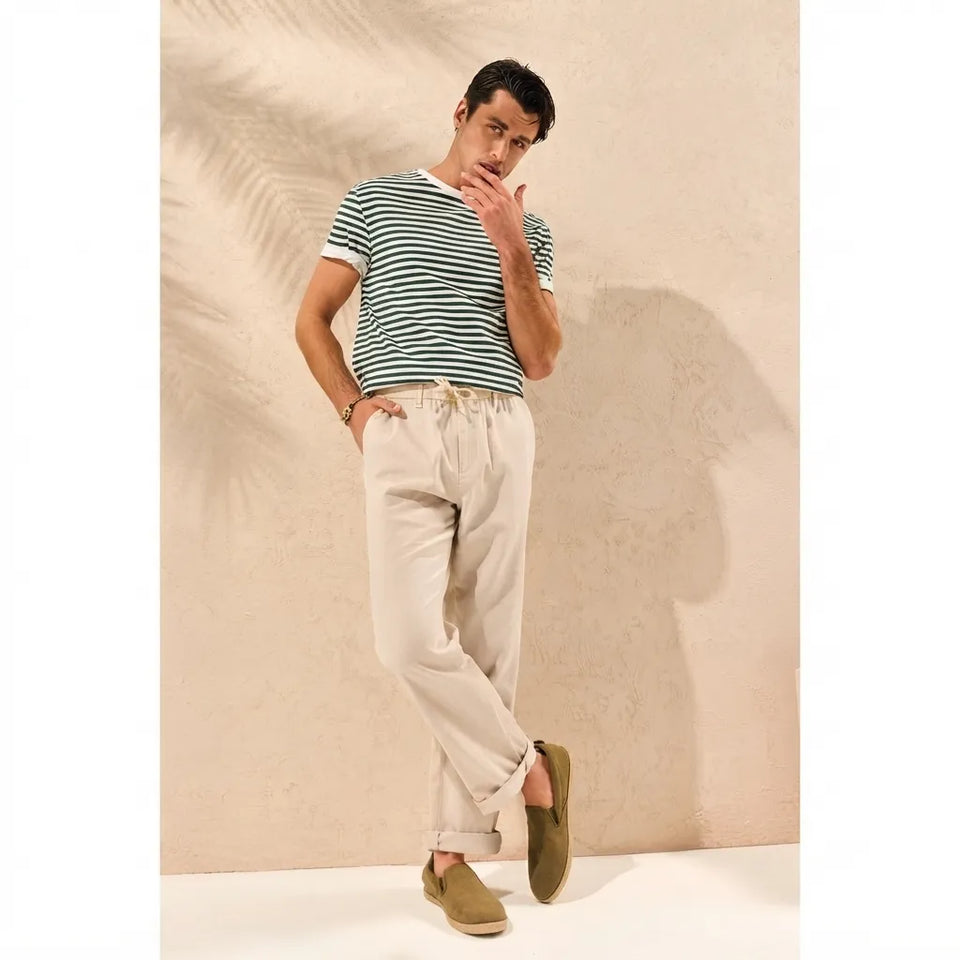 Sinsay Men's White/Green Striped Cotton T-Shirt