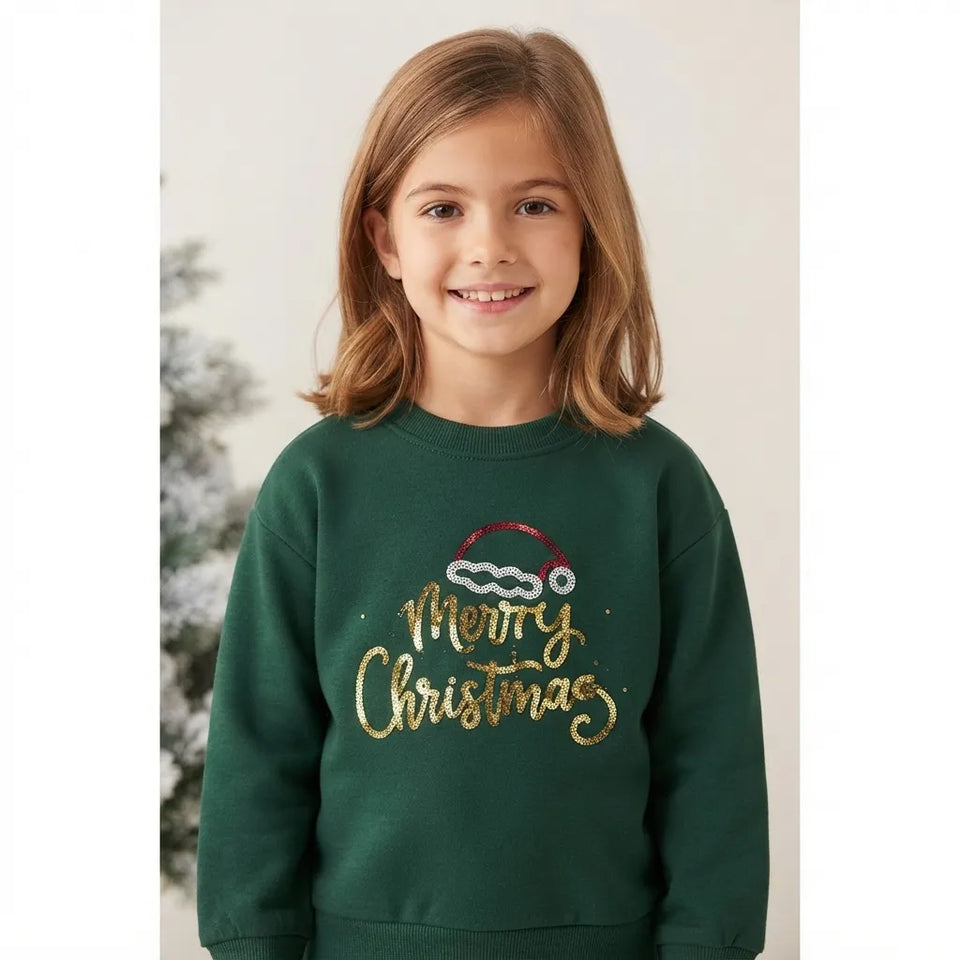 Sinsay Girl's Dark Green Merry Christmas Sequin Sweatshirt