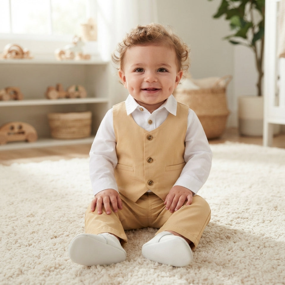 A smiling toddler boy wearing a tan vest and matching pants over a white long-sleeve shirt, sitting on a fluffy cream rug in a bright nursery.