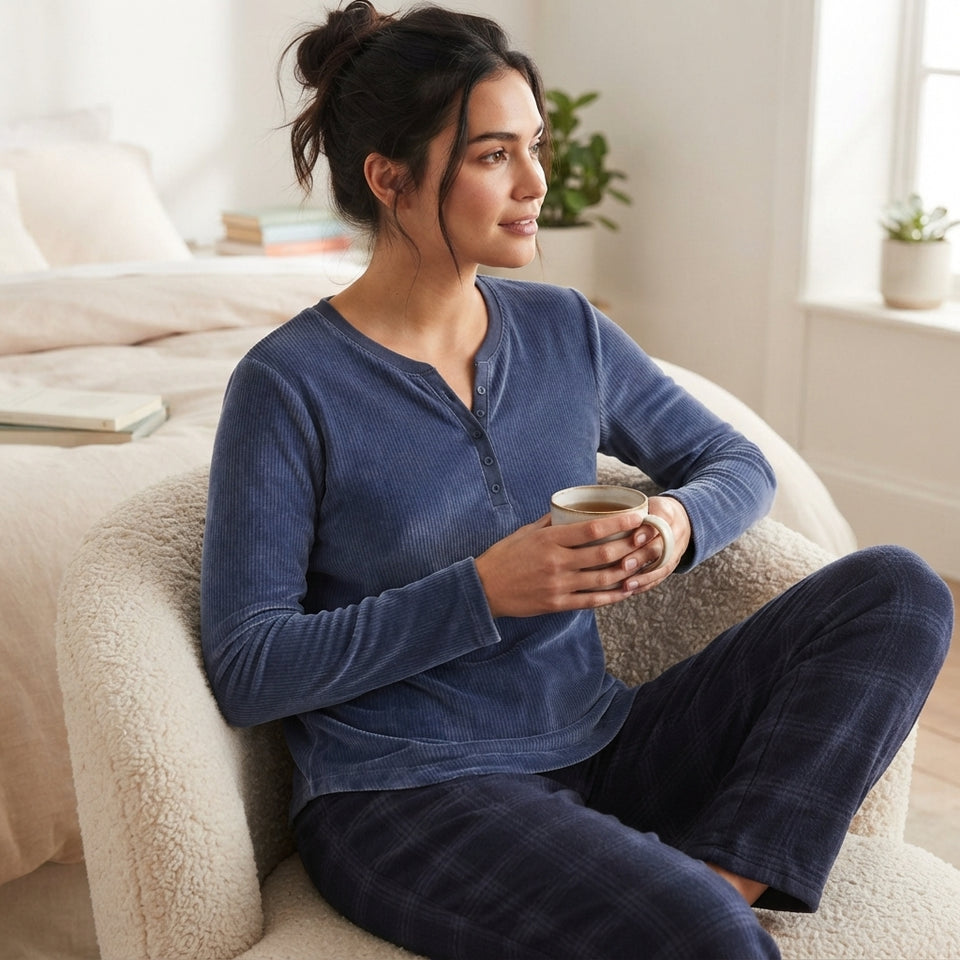 A woman sits in a cozy cream-colored armchair in a bright bedroom, wearing a blue long-sleeve henley pajama top and dark blue plaid pajama pants while holding a mug.