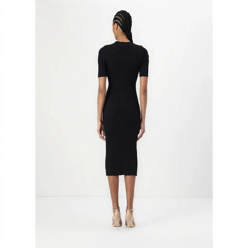 DKNY Women's Black Cutout Detail Ribbed Short Sleeve Midi Dress