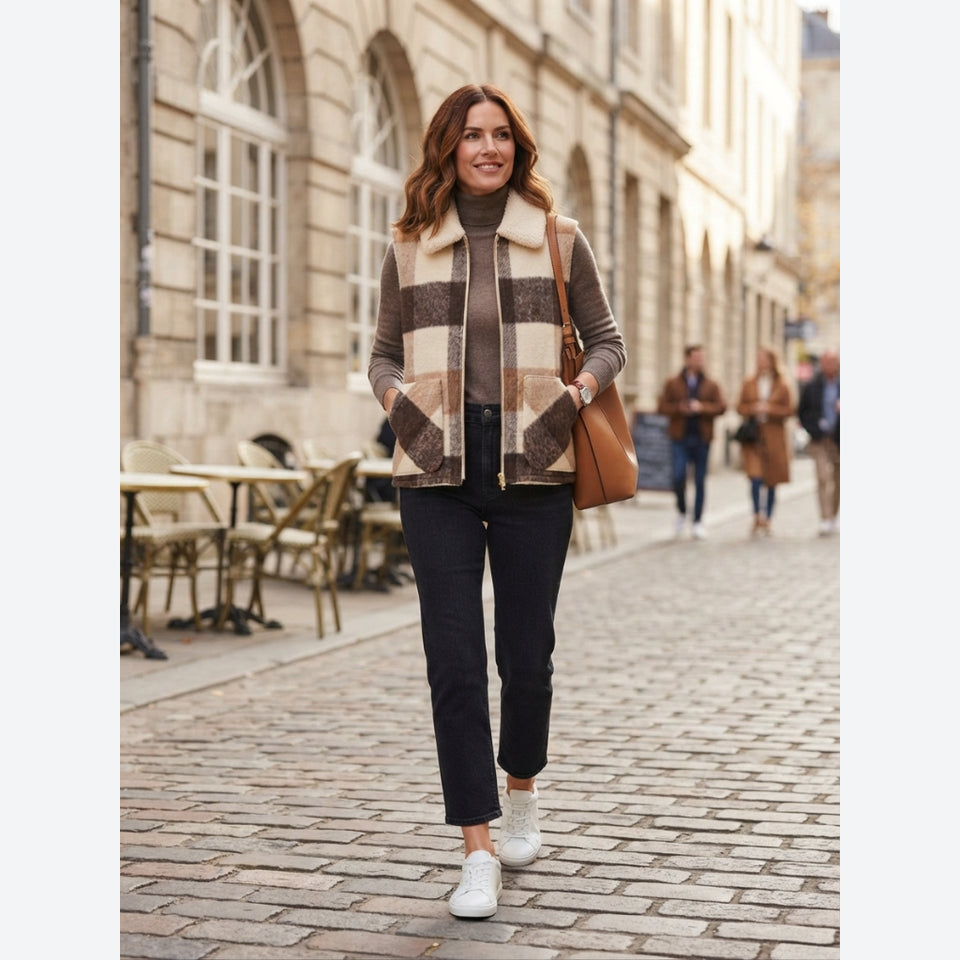 Sanctuary Women's Brown/Beige Plaid Sherpa-Lined Zip-Front Vest