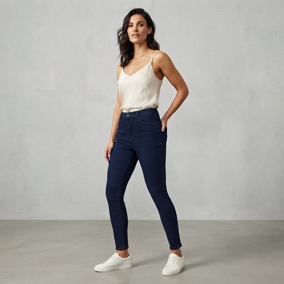 A woman modeling a pair of dark navy blue skinny jeans, paired with a cream camisole top and white sneakers, standing against a textured light gray studio wall.