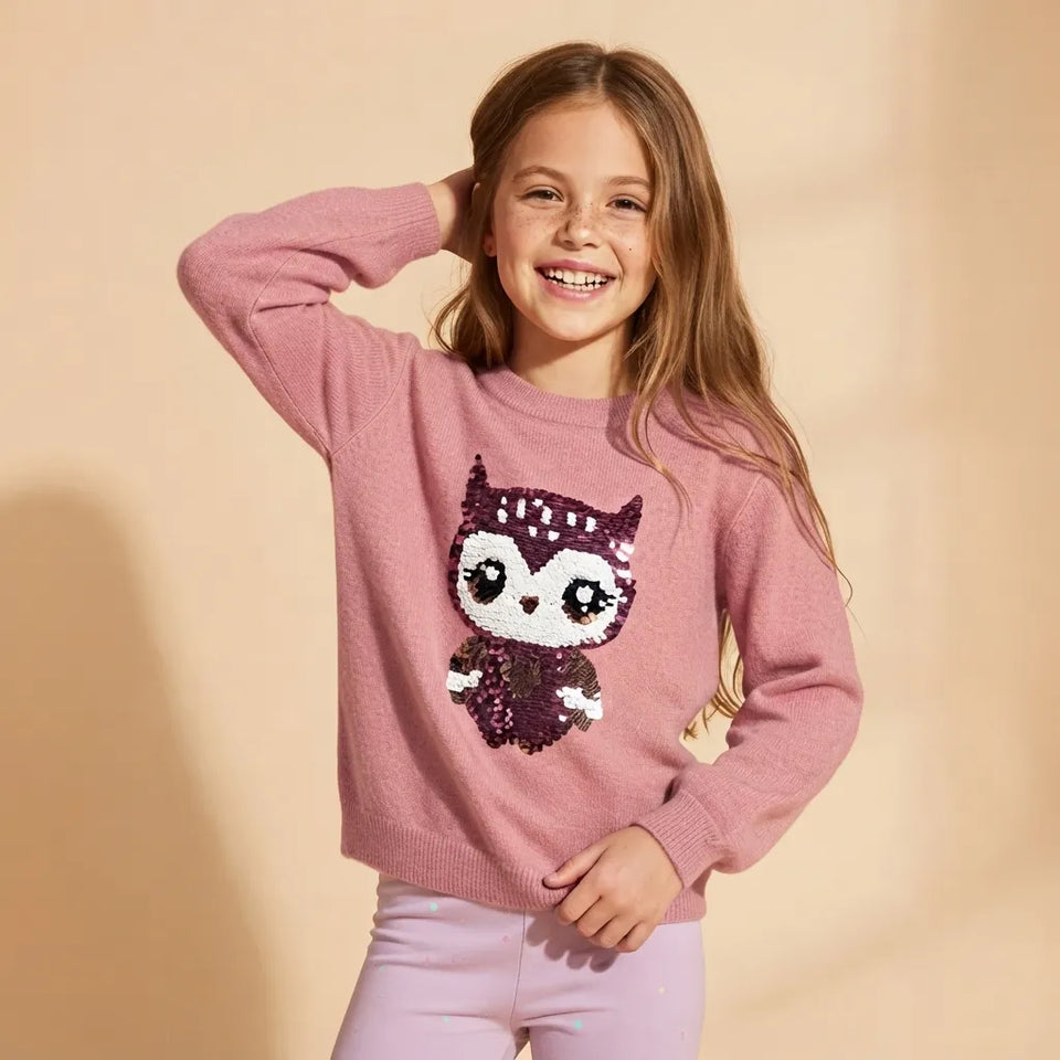Sinsay Girl's Pink Owl Sequin Crew Neck Blouse