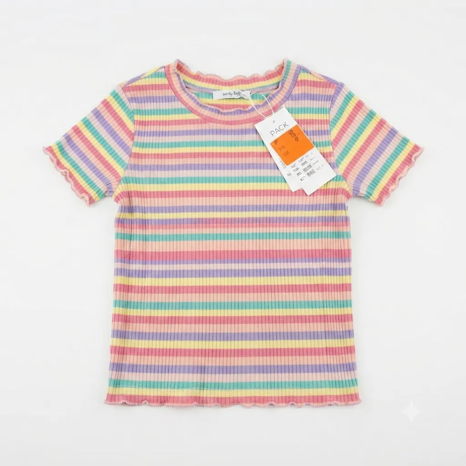 A short-sleeve ribbed knit top with horizontal pastel rainbow stripes, featuring a scalloped ruffle hem and a white hangtag with an orange label, laid flat on a white background.