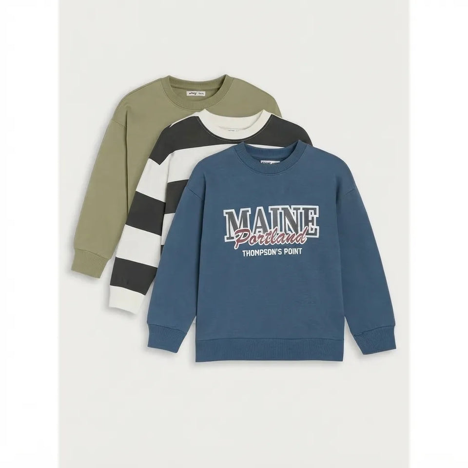 Three children's long-sleeve crewneck sweatshirts layered together on a light beige background. The front sweatshirt is slate blue with 'MAINE Portland THOMPSON'S POINT' text across the chest.
