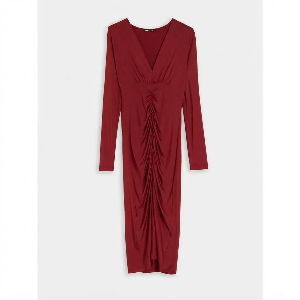A long-sleeve V-neck midi dress in deep burgundy red, featuring a gathered ruched design down the front center, displayed against a light gray background.