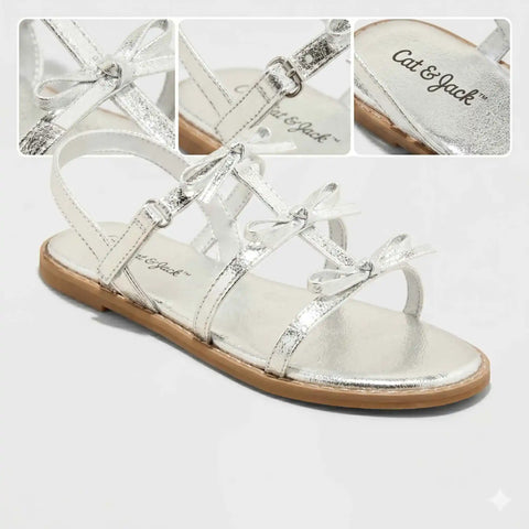Silver gladiator sandals with 'Cat & Jack' branding on a white background