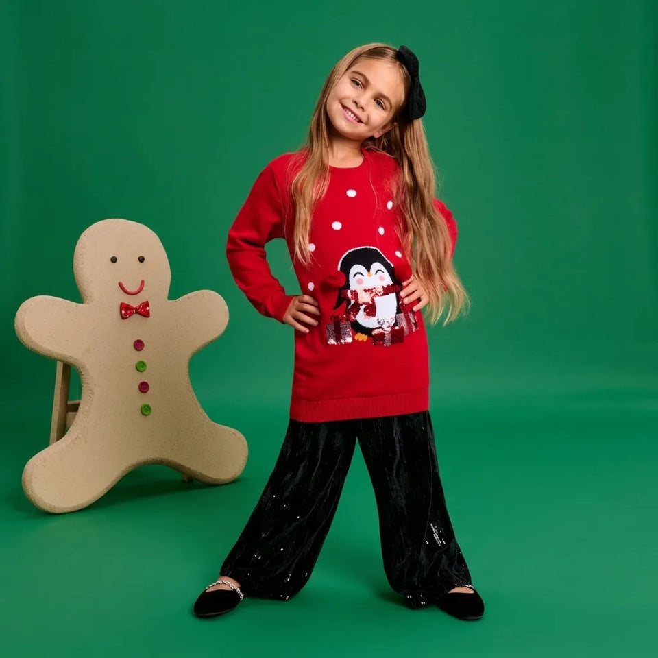 Sinsay Girl's Red Graphic Of A Penguin Crewneck Holiday Blouse