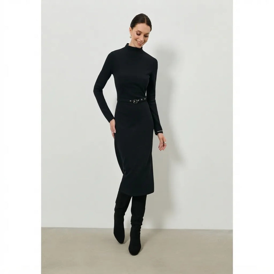 Sinsay Women's Black Mock Neck Knit Long-Sleeve Belted Midi Dress