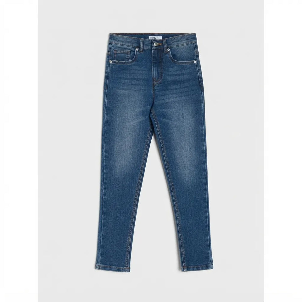 A pair of medium wash blue denim jeans shown flat against a light gray background.
