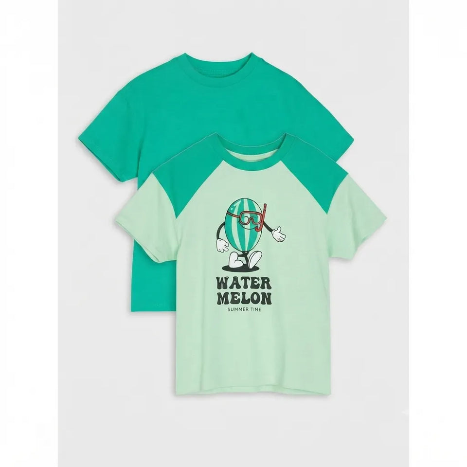 Two short-sleeve raglan t-shirts in green and mint colors, with the front shirt featuring a cartoon watermelon graphic and the text 'WATER MELON SUMMER TIME'.