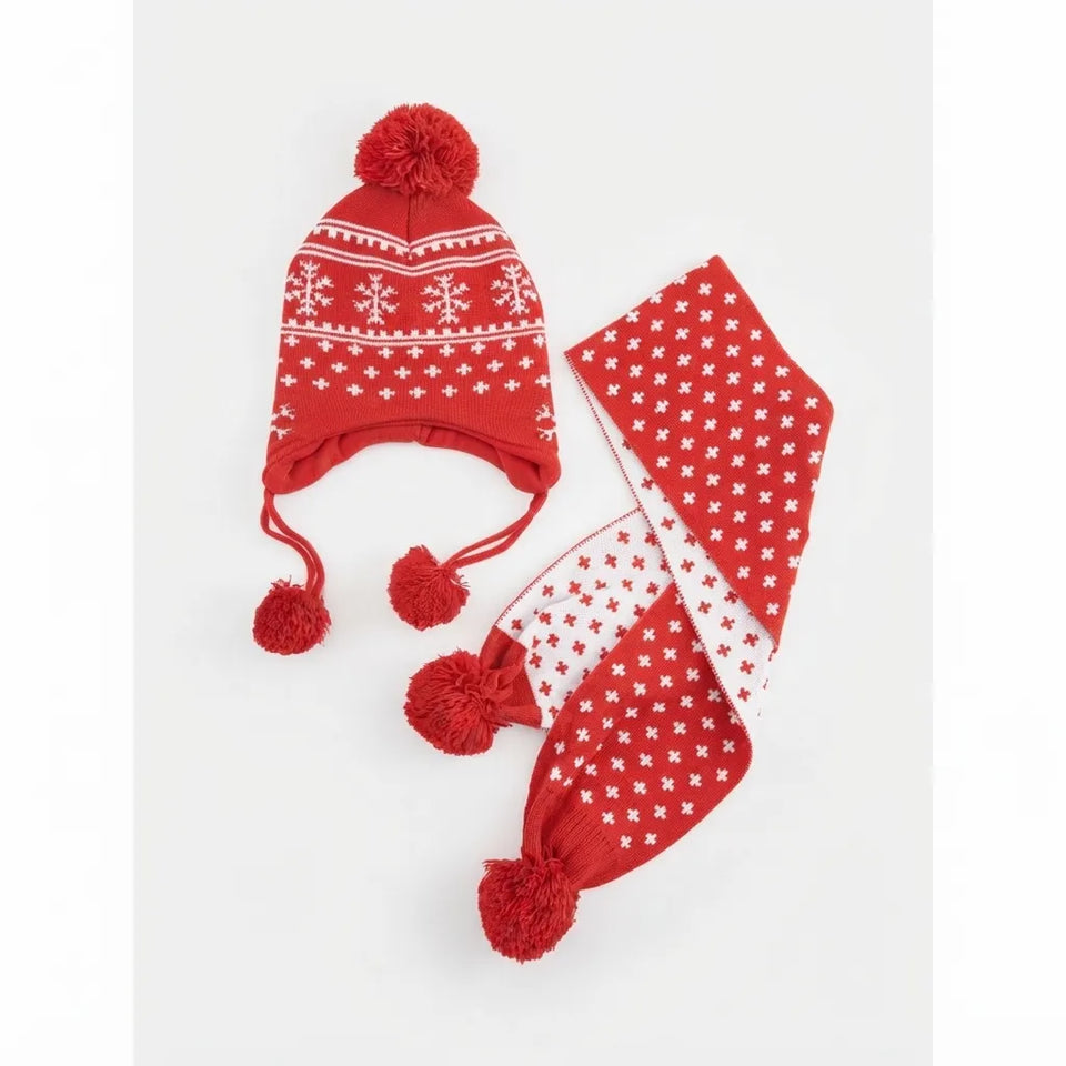 A red and white knit winter hat and matching scarf set with pom-poms, shown on a plain light background.