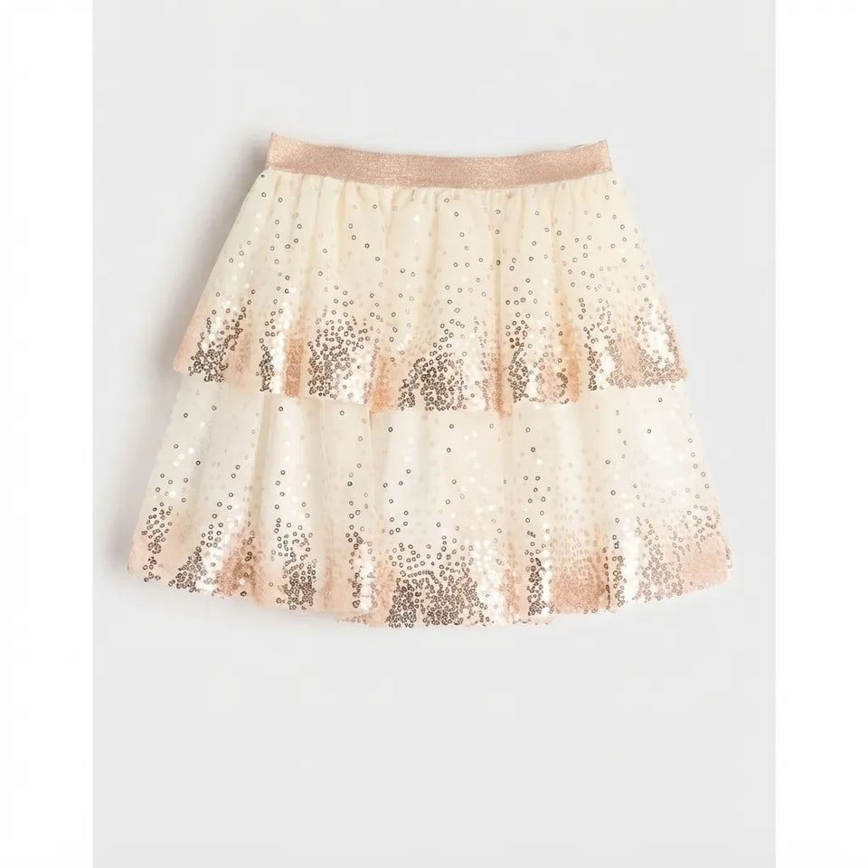 A tiered tulle tutu skirt with rose gold sequins and a matching rose gold waistband, shown flat on a light gray background.
