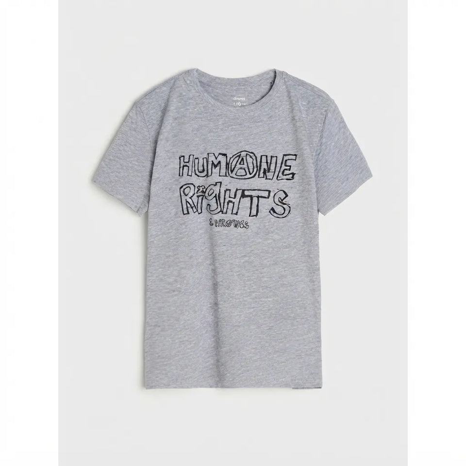 A heather gray short-sleeve t-shirt with a black graphic text print reading 'HUMONE RIGHTS' and 'BENEATH' on the front, displayed flat against a light gray background.