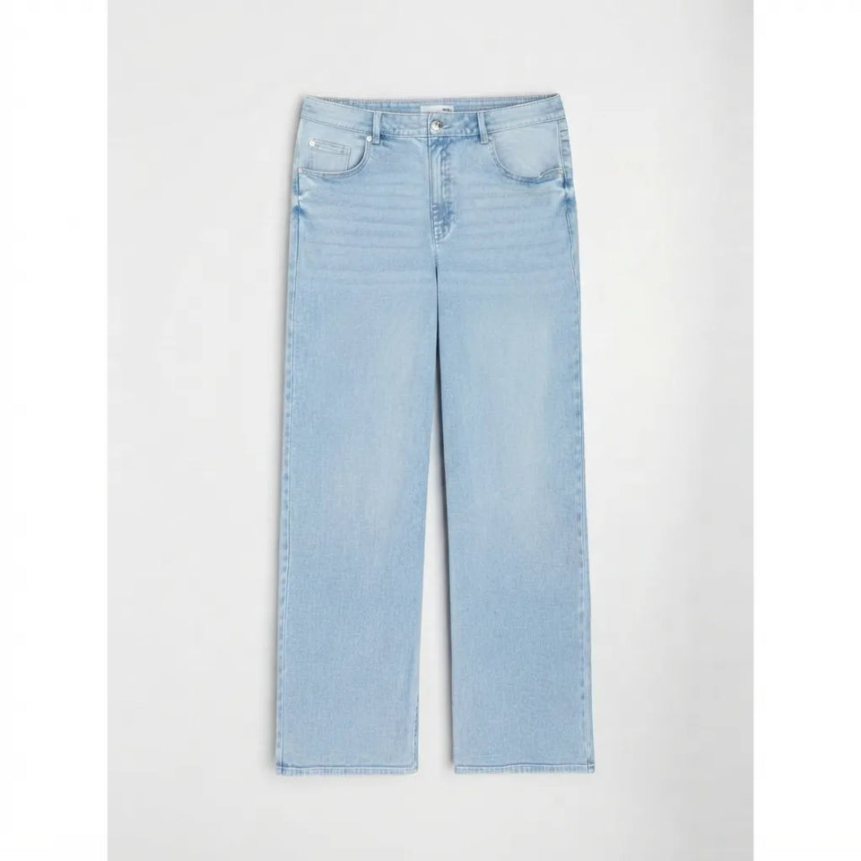 Light blue straight-leg denim jeans shown flat against a light gray background.