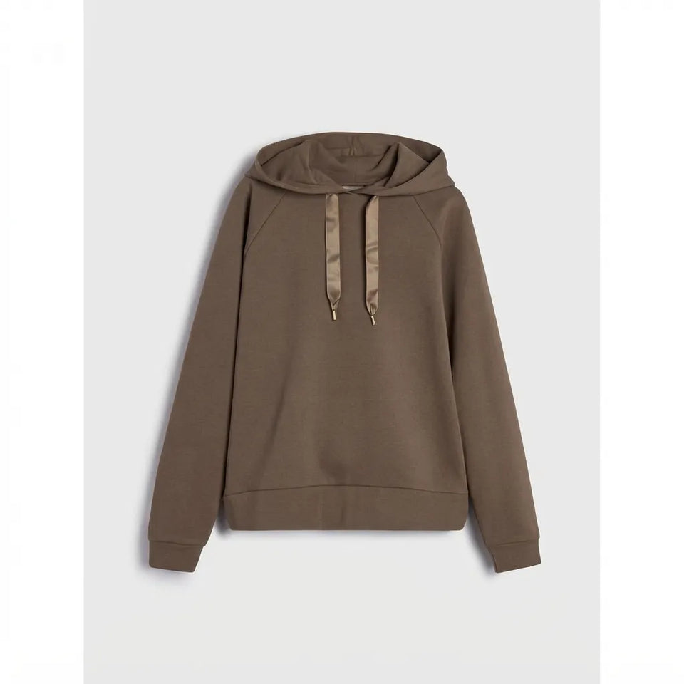 A brown pullover hoodie with a kangaroo pocket and matching drawstrings, displayed flat against a light gray background.