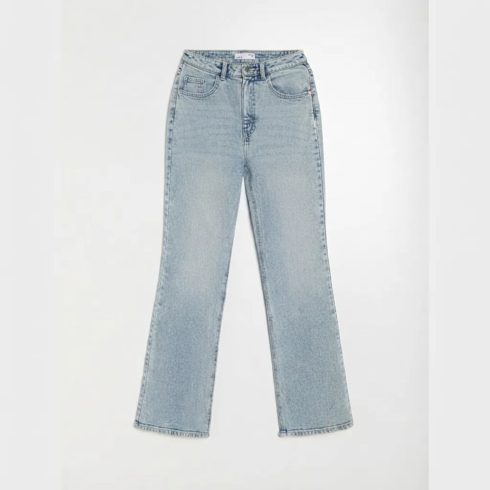Light wash blue denim jeans with a straight-to-flare leg, shown flat against a light gray background.