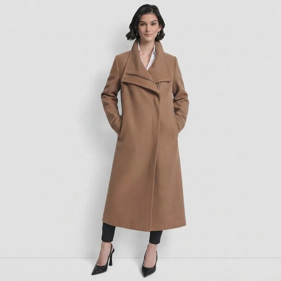 DKNY Women's Beige Wing Collar Asymmetrical Wrap Coat