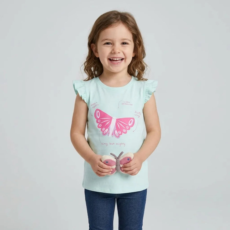 Sinsay Girl's Light Turquoise Butterfly Chest Printed Sleeveless T-Shirt