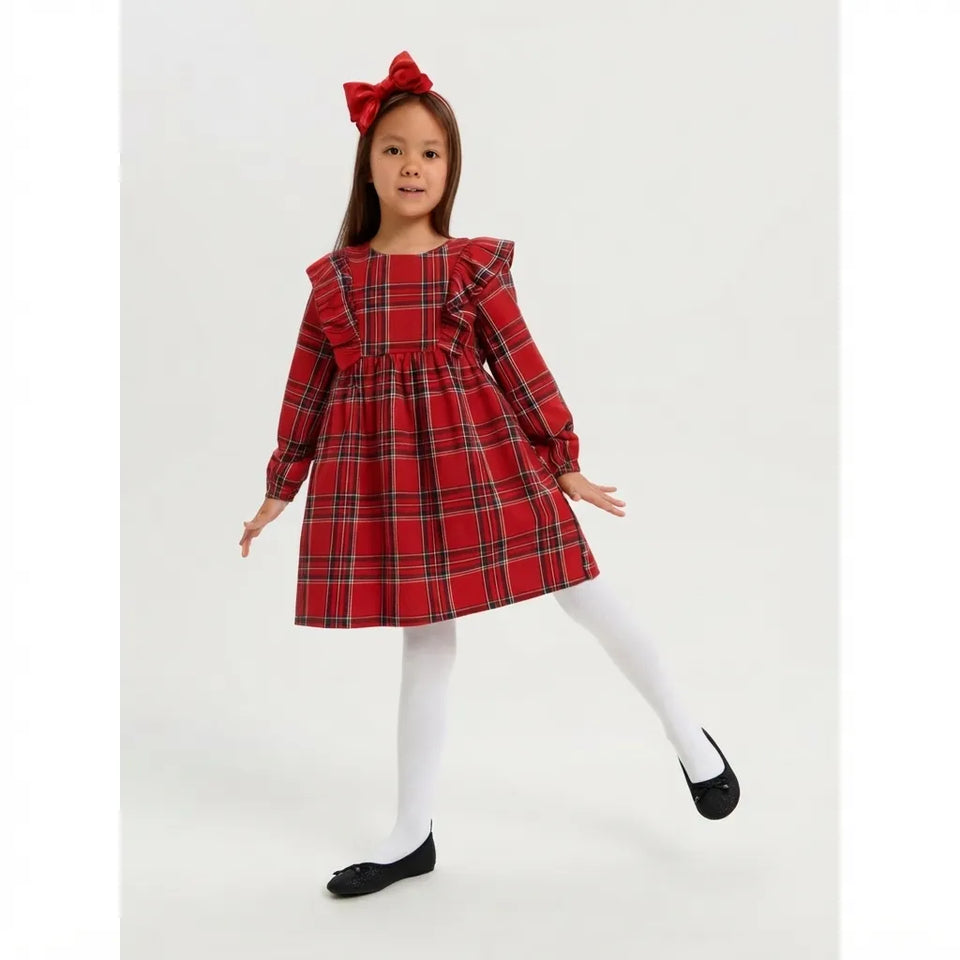 Sinsay Girl's Red & Black Plaid Ruffled Shoulder Dress