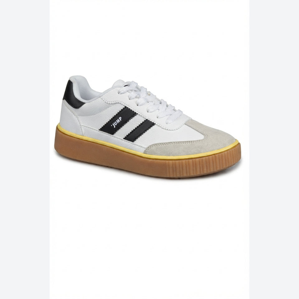 A low-top platform sneaker by JUMP, featuring a white leather and light beige suede upper, a black three-stripe design on the side, a brown gum sole, and a thin yellow stripe above the sole.