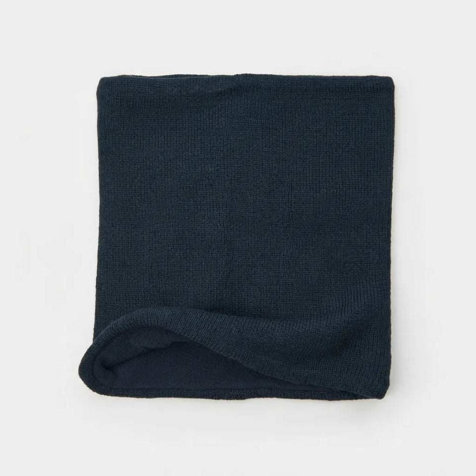 A folded dark navy blue ribbed knit fabric item, likely a scarf or neck gaiter, shown on a plain white background.