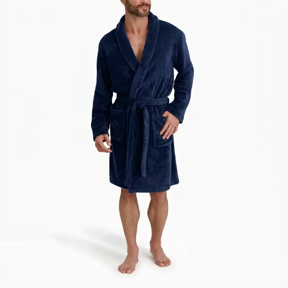 Hanes Men's Navy Plush Fleece Shawl Collar Belted Sleep Robe