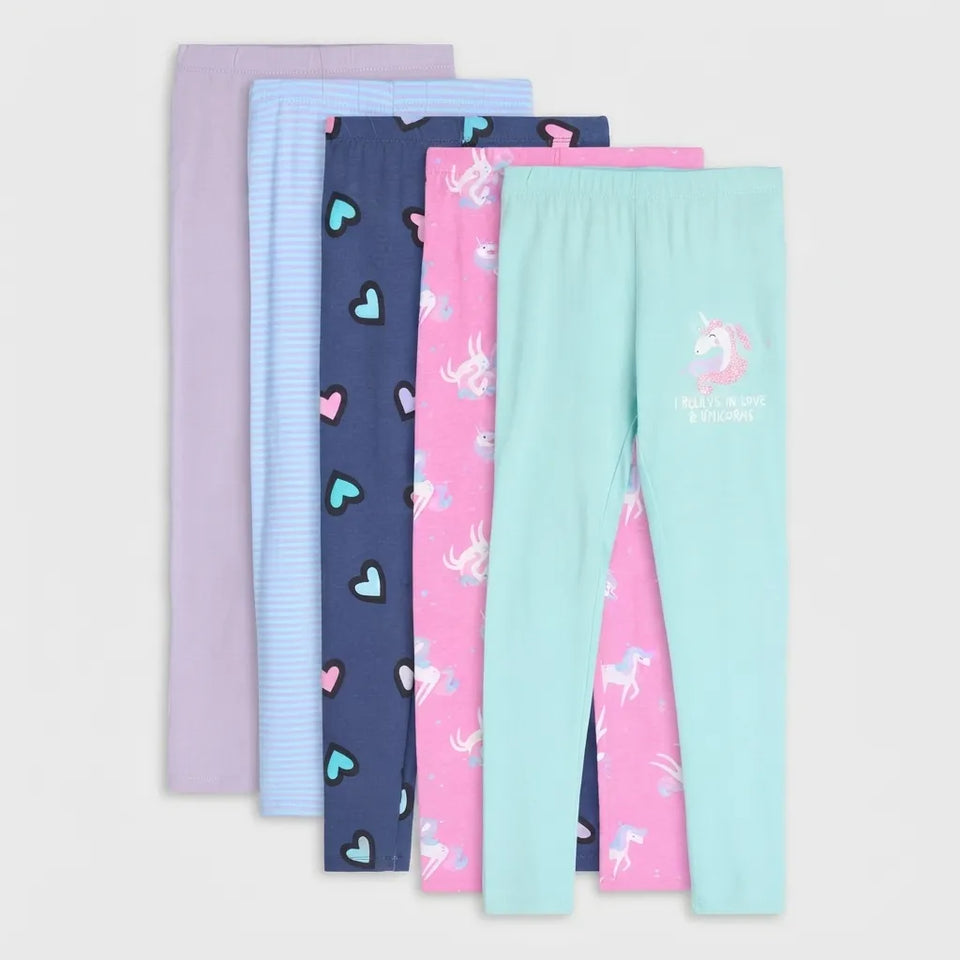 A 5-pack of girls' leggings in various patterns and colors, including solid lavender, light blue stripes, navy with heart prints, pink with unicorn prints, and mint green with a unicorn graphic.