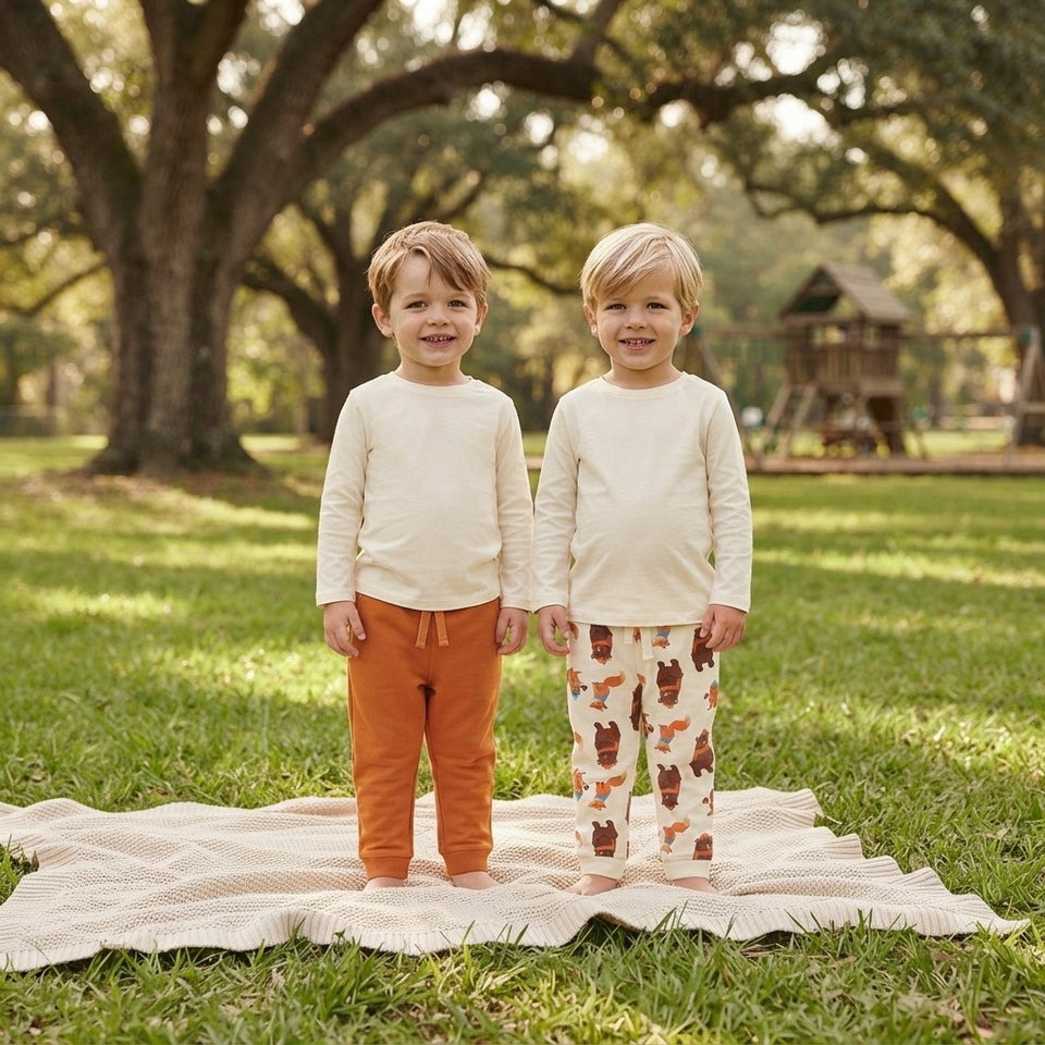 Two young boys standing on a cream knit blanket on a grassy lawn in a park. The boy on the left wears a cream long-sleeve top and rust orange pants.