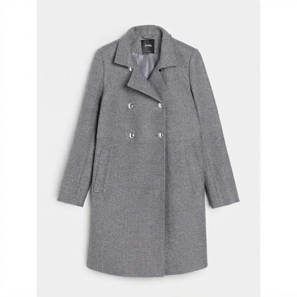 A gray double-breasted coat with silver buttons, displayed on a clean white background.