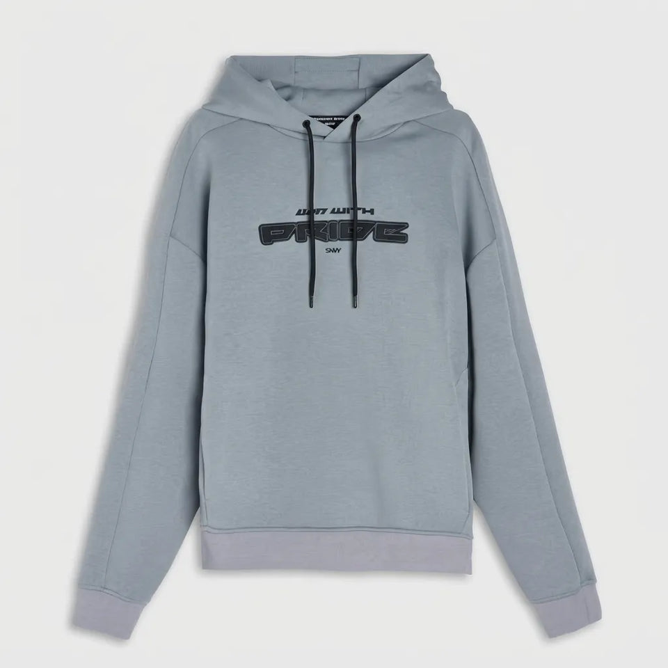 A light gray pullover hoodie with a black 'LIGHT MY FIRE PRIDE 1967' graphic printed on the chest, displayed against a neutral light gray background.