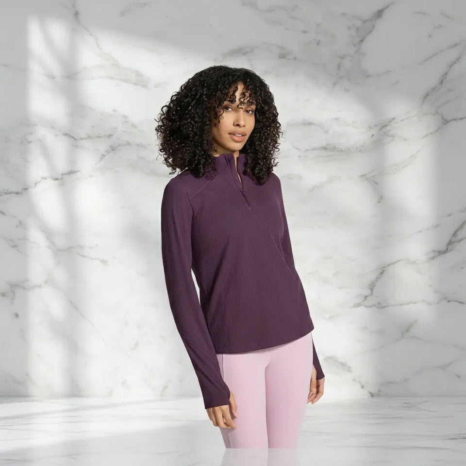 Mondetta Women's Purple Long Sleeve Active Ribbed 1/2 Zip Blouse