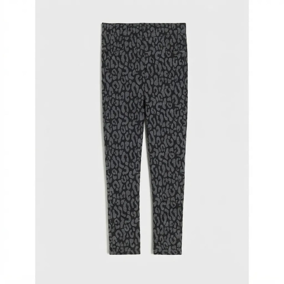 A pair of dark gray and black leopard print leggings shown flat against a light gray background.