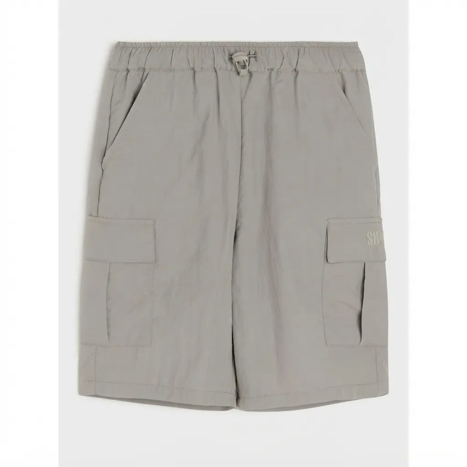 A pair of light gray cargo shorts with an elastic waistband, side pockets, and flap cargo pockets on the thighs, shown flat against a light gray background.
