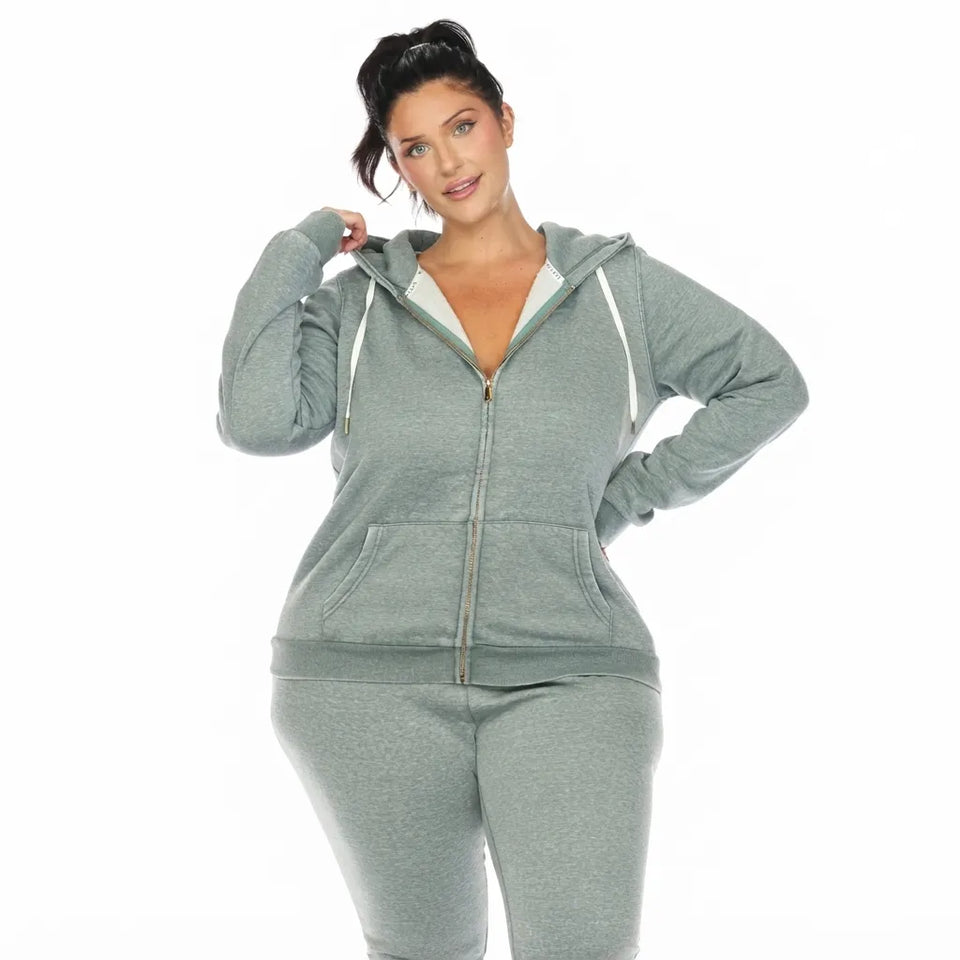 White Mark Women's Green Plus Size Zip Up Hooded Jakcet
