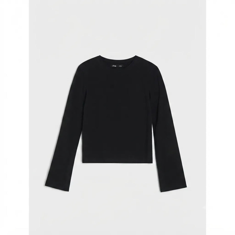 A black long-sleeve crewneck top displayed flat against a light gray background.