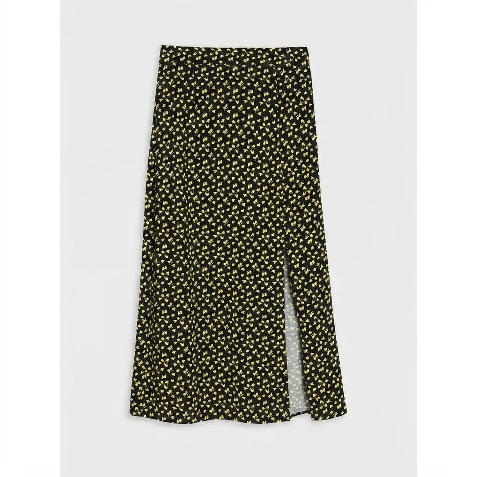 Sinsay Women's Black & Yellow Floral Front Slit Midi Skirt