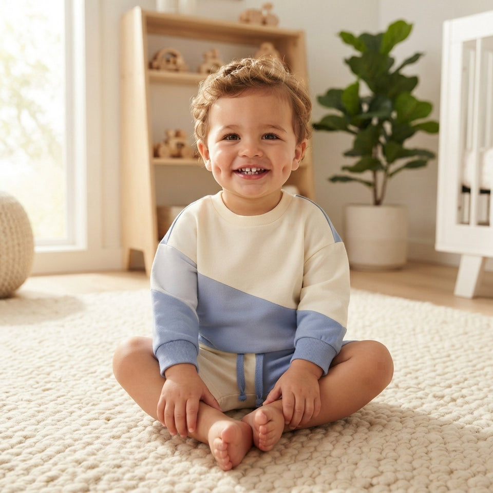 A smiling toddler sits cross-legged on a cream textured rug in a bright nursery, wearing a color-blocked long-sleeve top and shorts set in cream, light blue, and medium blue.